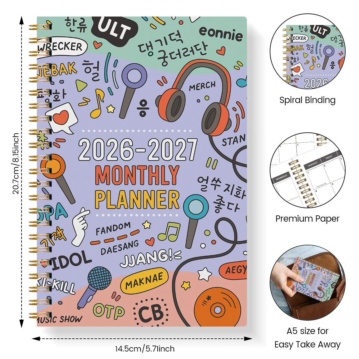 2026-2027 مخطط شهري A5، ملزمة حلزونية، غطاء خربش K-pop، منظم تقويم لمدة 24 شهرًا مع ورق سميك غير منتفخ