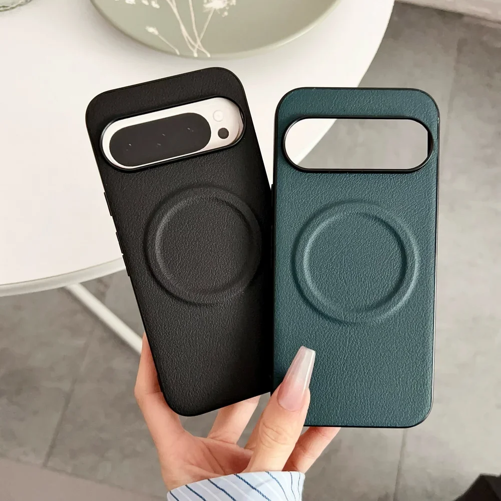 Plain Leather Built-in for Magsafe Magnetic Ring Phone Case for Pixel10 Pro XL 10 9A 9 Pro XL 8a 8 7A 7 Camera Protect Cover