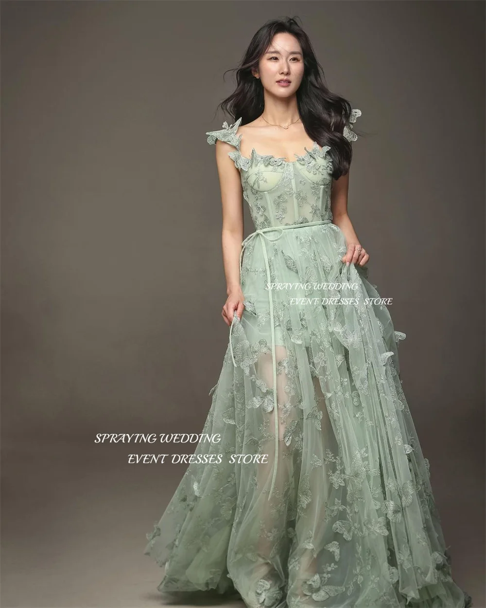 SPRAYING Fairy Dress Spaghetti Strap Tulle Korea Wedding Dresses Green A-line Long 3D Butterflies Corset Back Prom Dress 웨딩드레스