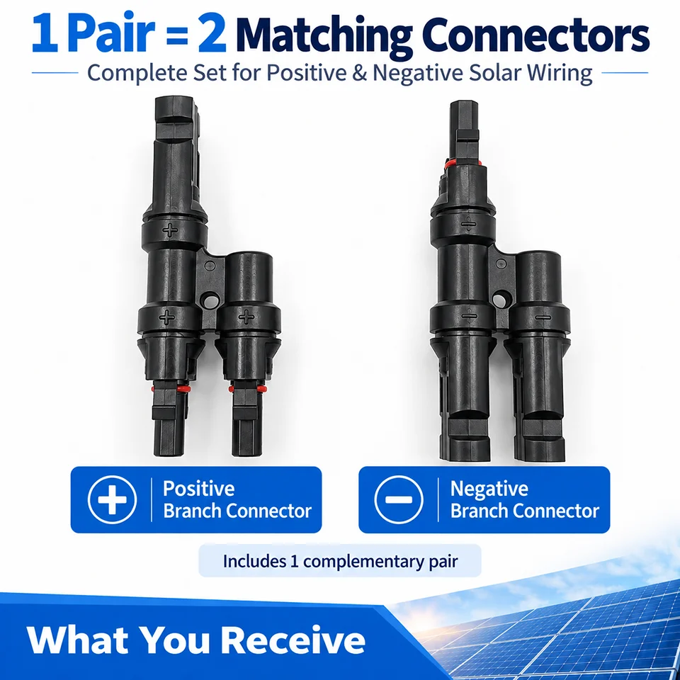 1 Pair MC4 Type Solar Y Branch Connectors 2 to 1 T Splitter 30A IP67 for Solar Panel Parallel Wiring RV Off Grid