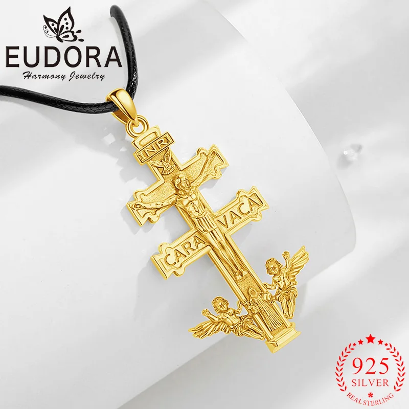 

Eudora 925 Sterling Silver Caravaca Cross Jesus Necklace 18K Gold Angel Amulet Pendant Christian Jewelry Men Personality Gift