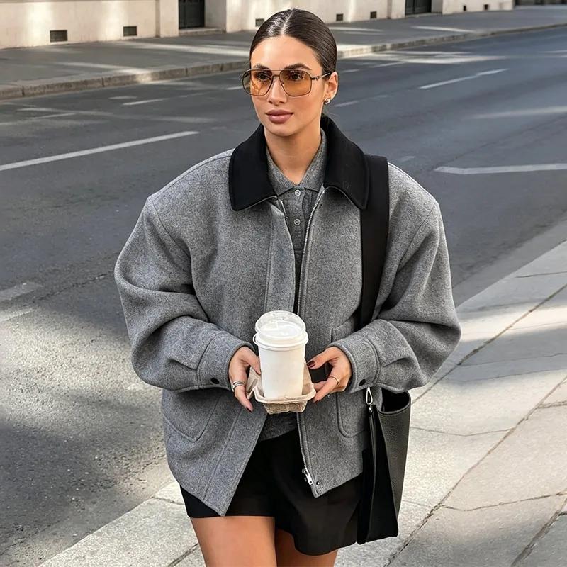 Panzerkragen, lange Ärmel, übergroße Wollmäntel für Damen, Street-Style, umklappbarer Kragen, Reißverschluss, lockere Jacken, modische Damen-Oberbekleidung, neu. – Detail 6