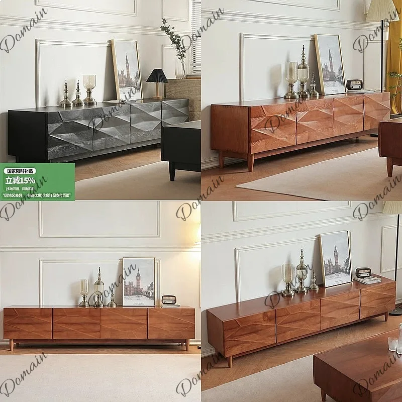 Nordic Minimalist Solid Wood TV Stand Coffee Table Set Mid-Century Living Room Floor Storage Media Cabinet