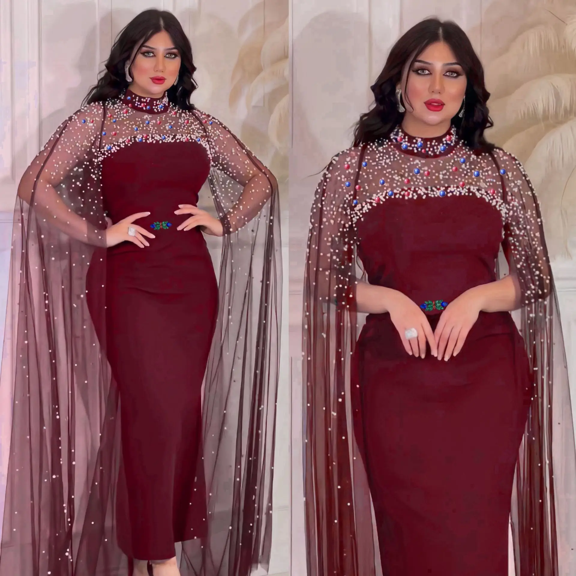 Moda mujer malla rebordear Maxi vestido capa vestido de noche Dubai vestidos de fiesta de boda Abaya musulmana bata árabe Eid Jalabiya