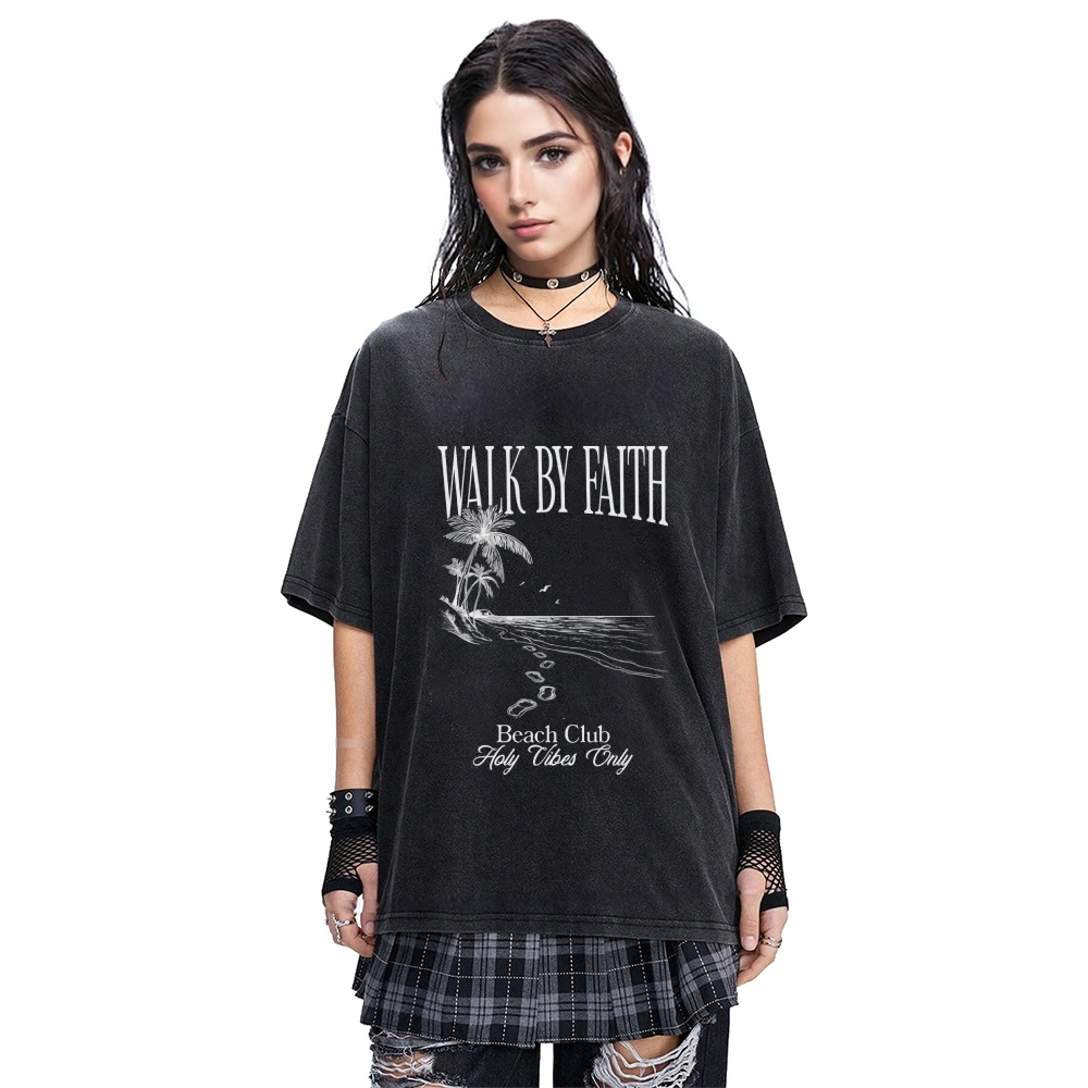 Walk By Faith Tee Beach Scene Print Casual Loose Short Sleeved Summer Trendy Playful Inspiring Relaxing Comfortable Top