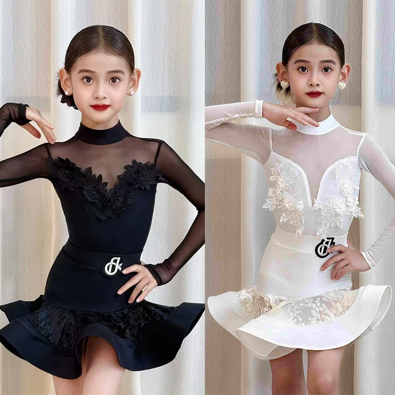 

Детское платье для латинских танцев, юбка с длинными рукавами для девочек, костюм для выступлений, костюм для ча-ча, румбы, самбы, танцевальная практика, DNV24848
