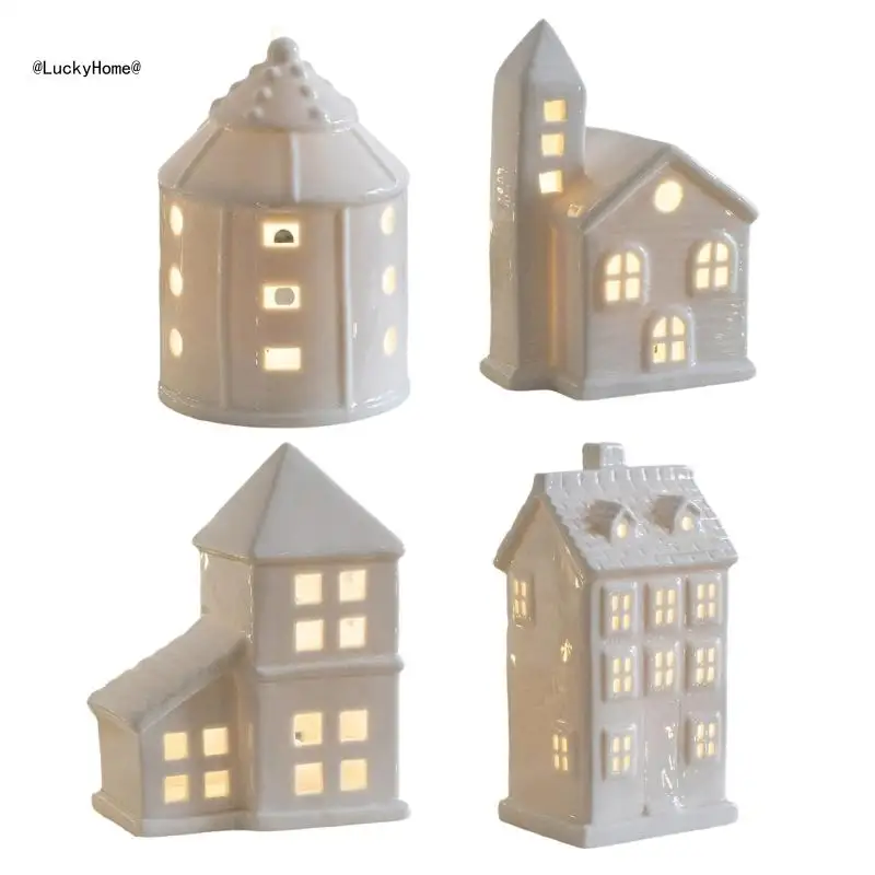 

LED Light Up Christmas Ceramics House Statue Glowing Village House Figurine Dining Table Desktop Decoration Ornament 11UA