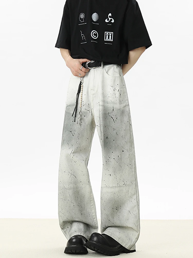 

Cleanfit Straight Leg Wide Leg Jeans White Men Women Design Sense Small Audience Dyed Dot Splashed Ink Casual Jeans