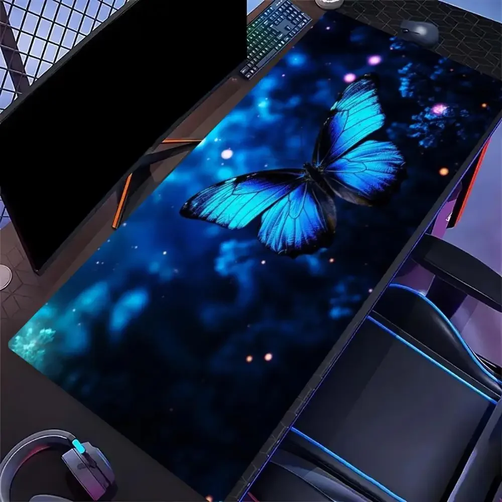 Aesthetic Neon Butterfly Gaming Mouse Pad Non Slip Rubber Mat Stitched Edge Desk Pad Laptop Keyboard Daily Work Use