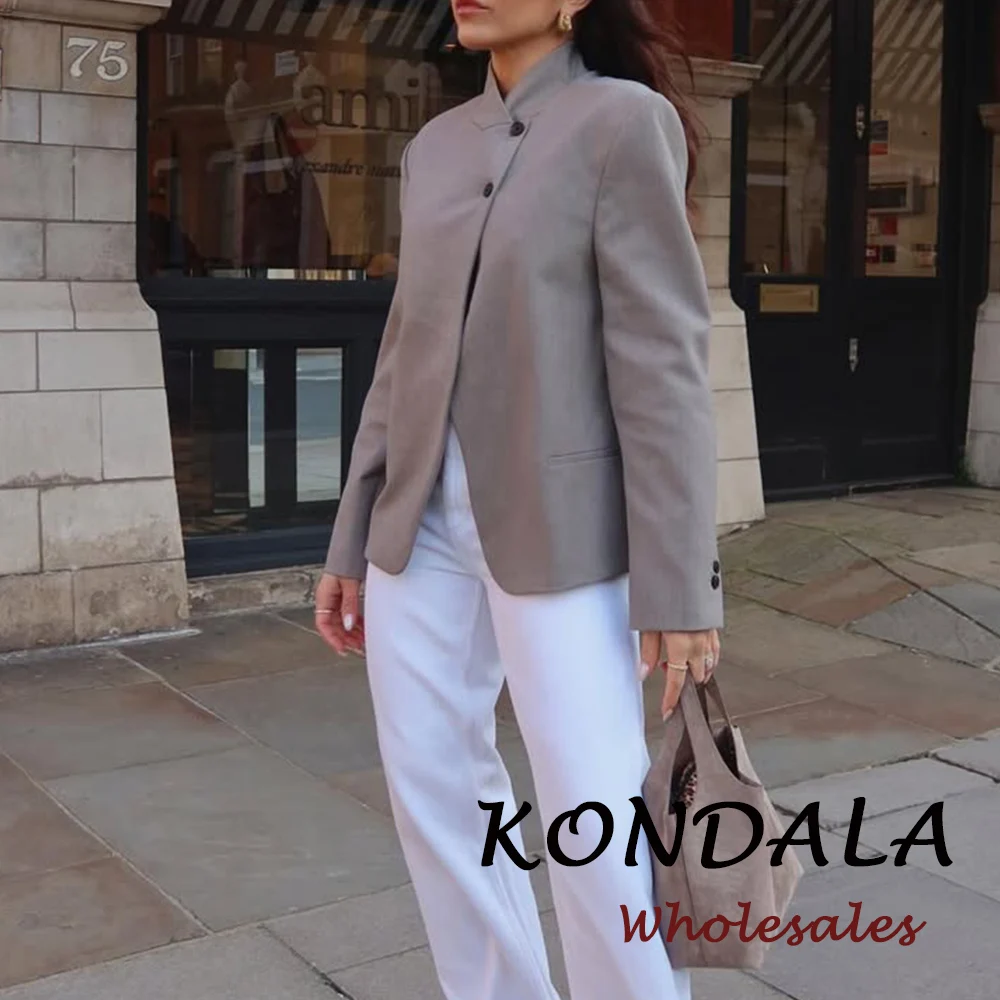 

KONDALA Vintage Solid Grey Elegant Woman Blazer Buttons Fashion 2026 Spring Office Lady Elegant Turtleneck Female Loose Outwear