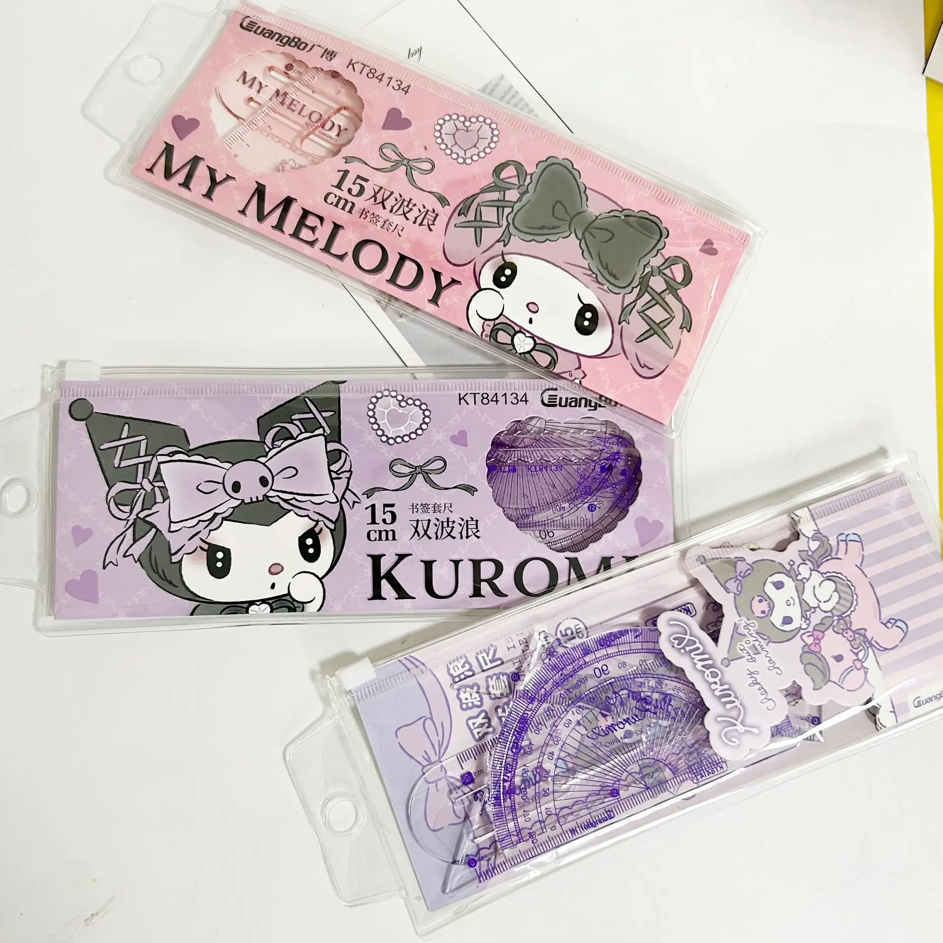 Cute Sanrio 4-Piece Set Ruler Cartoon Kuromi Melody Set Ruler Student Stationery Drawing Ruler Straight Ruler Triangle Ruler