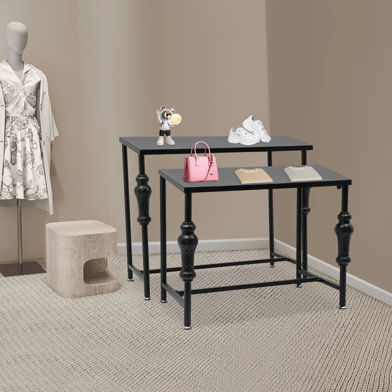 Industrial Retail Display Tables, Set of 2 Standing Clothing Shoes Display Rack Boutique Display Table Storage Shelves for Retail Store, Hotel, Office. (Black)
