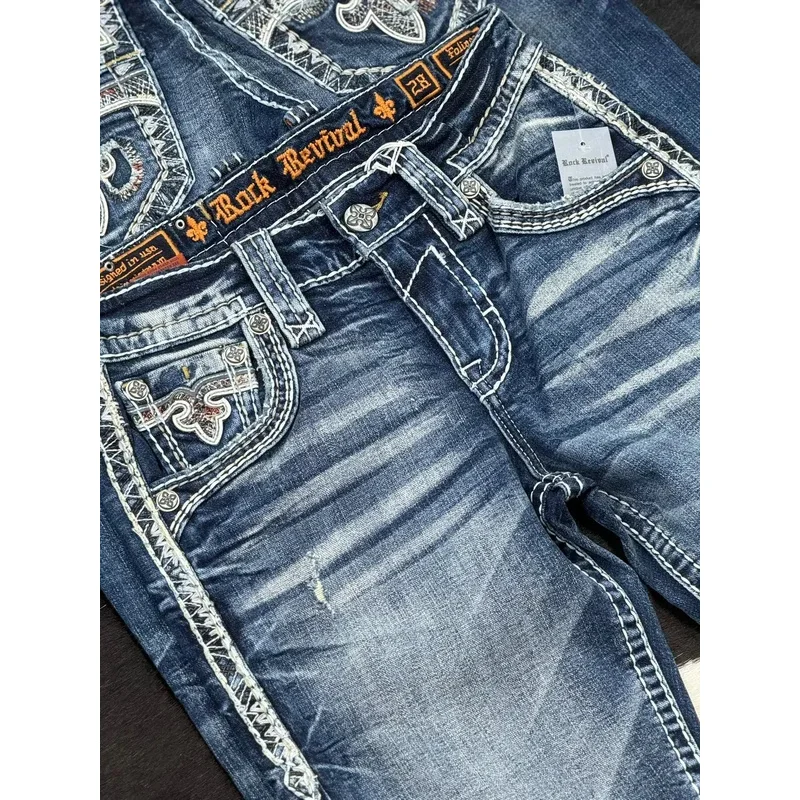 ❤❤2025 Y2K Revival Mens Jeans Foliage Bootcut Women Gothic Blue Denim Embroidery Pocket Hip Hop Harajuku Wide Pants S New ★☆