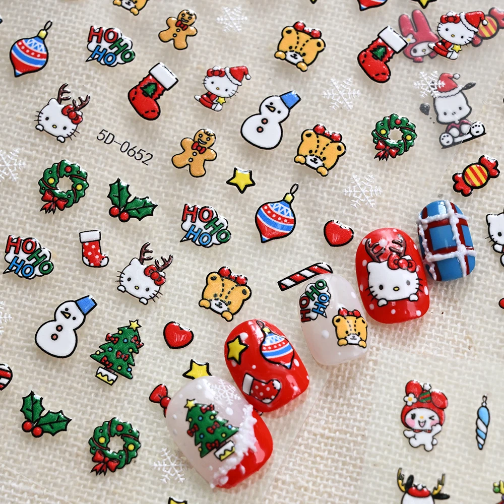 5D Nuovo Hello Kitty Pelle di Natale Adesivi per unghie 3D Simpatico cartone animato Natale Kuromi My Melody Decalcomanie per unghie Autoadesive Kawaii Nail Deco
