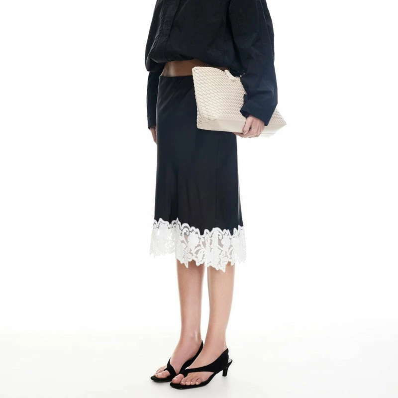 Combhasaki Womens Elegant Chic Sheer Floral Lace Trimmed Patchwork Satin Silky Midi Skirts Zipper High Rise Slim Y2k Underskirts