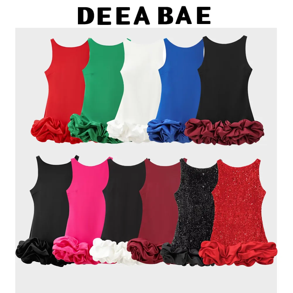 DEEABAE Elegant Party Dresses Women Round Neck Sleeveless Camisole Skirt Layered Decoration Short Backless Dress