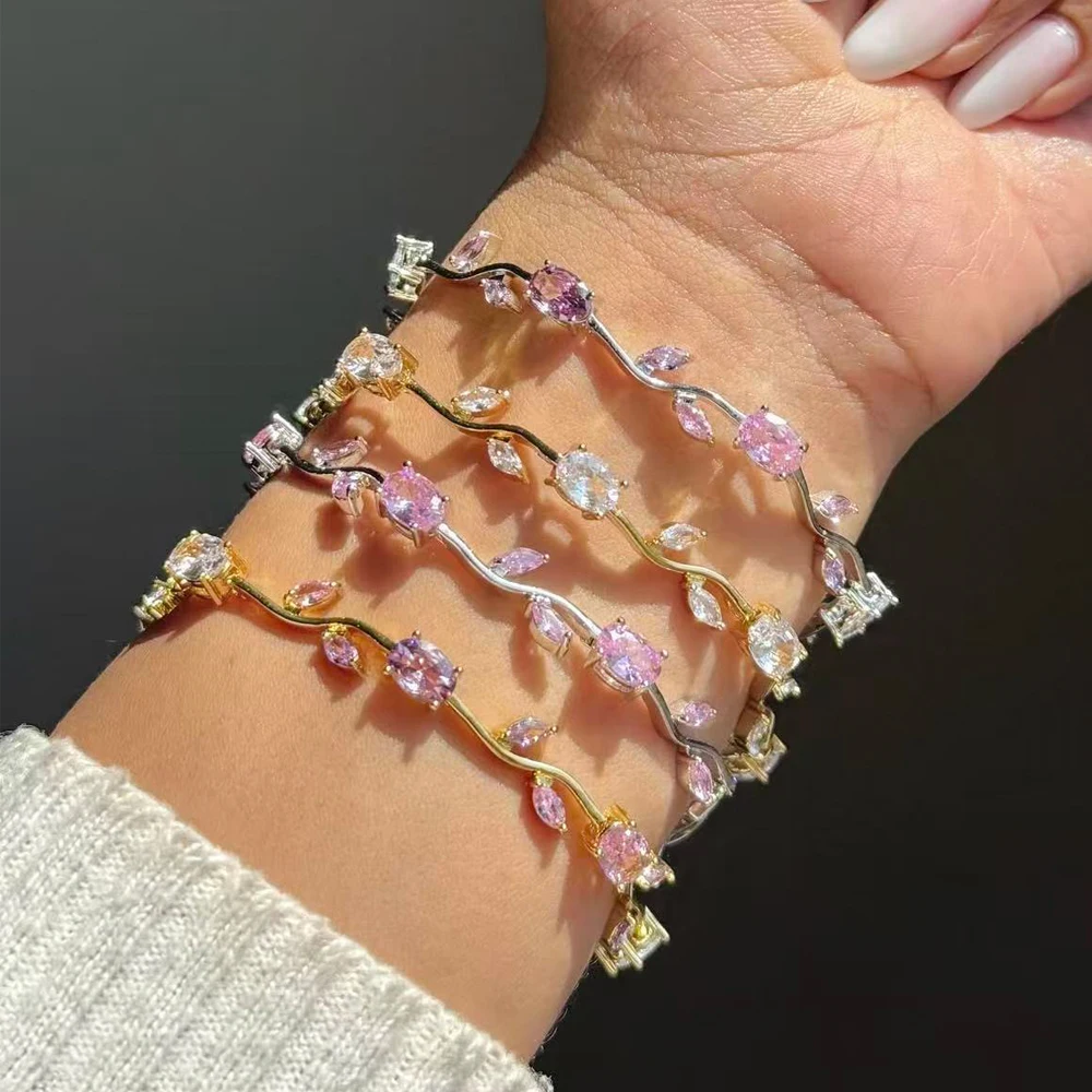 Elegant Leaf Cubic Zirconia Branch Gold Color Sparkling CZ Crystal Bracelet Fashion Female Wedding Jewelry Gift