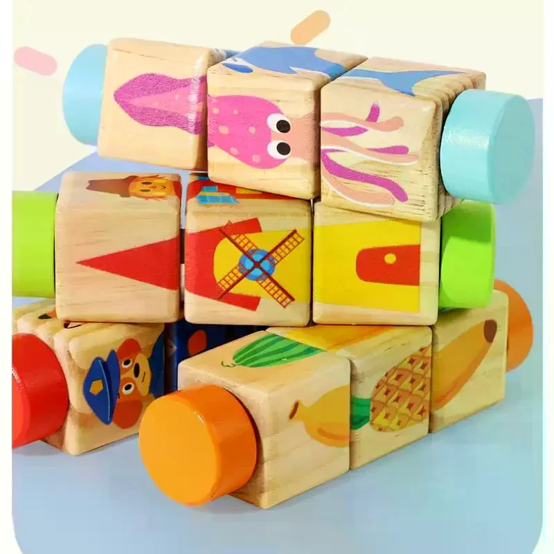 1Pcs Animal Colour Shape Cognition Toys 3D Wooden Jigsaw Puzzle Rotating Puzzle Building Blocks Kid Early Education Toy
