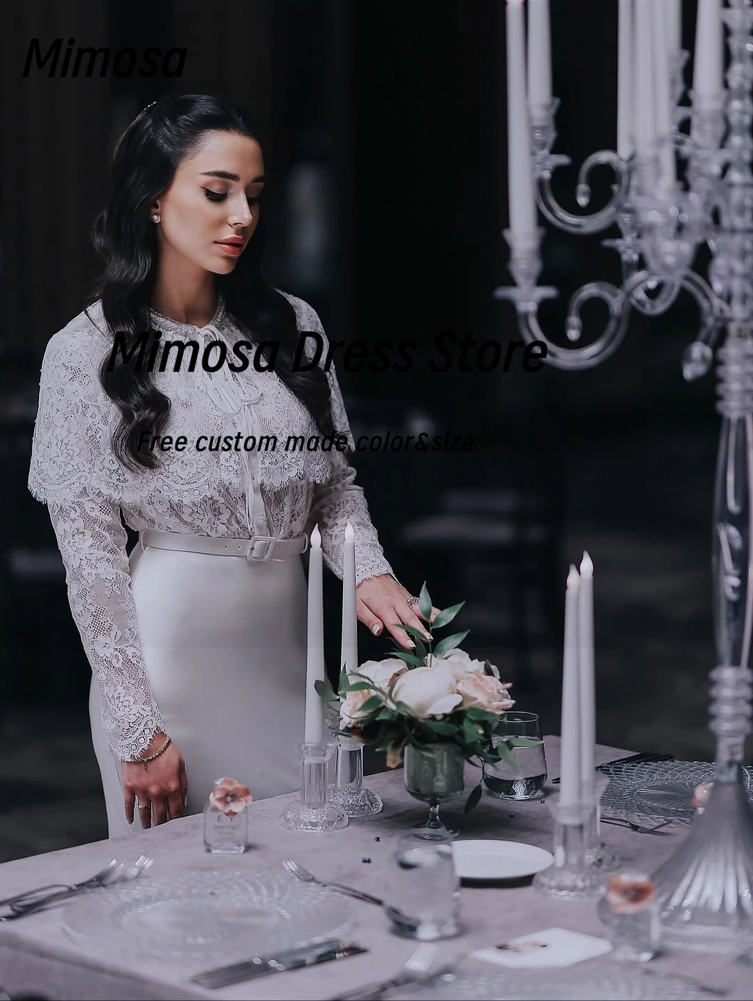 Mimosa Abiti da ballo da donna saudita Abito da sera a maniche lunghe in pizzo con fascia Abiti da festa formali per occasioni speciali personalizzati