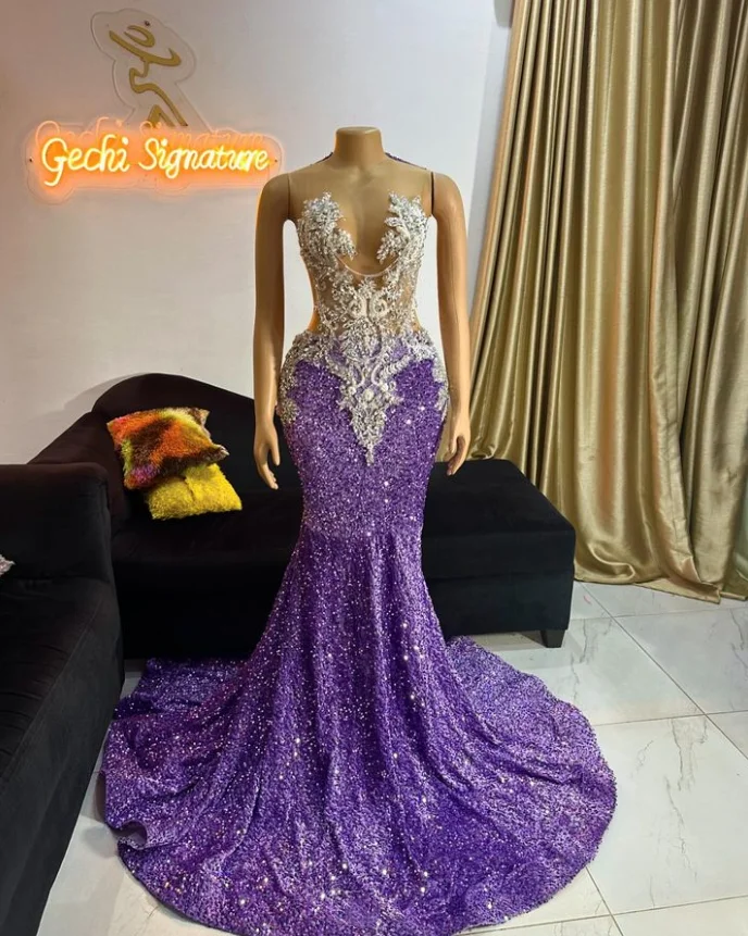 Purple O Neck Long Prom Dresses 2025 Black Girls Beaded Crystal Diamante Applique Mermaid Evening Gowns