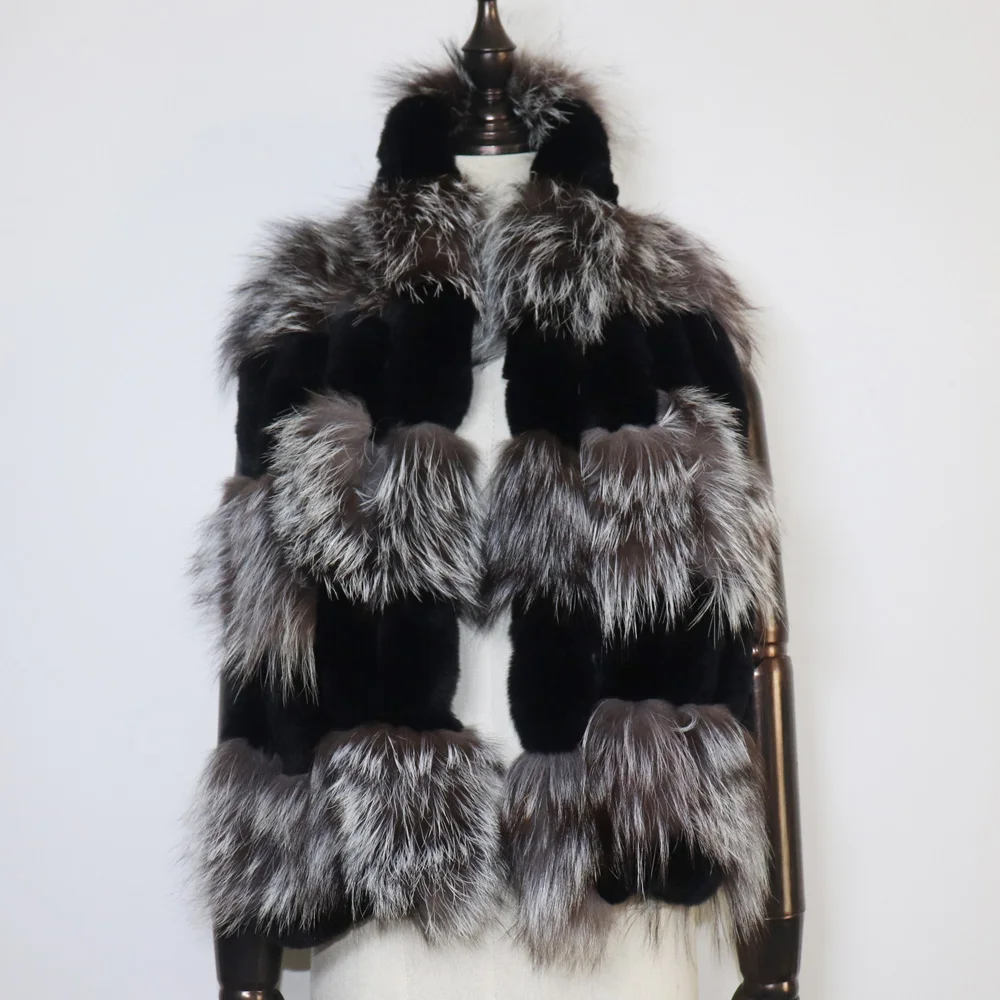 جديد الشتاء محبوك ريكس الأرنب الفراء وشاح مع الفضة الثعلب الفراء المرأة موضة الدافئة سميكة الإناث الشتاء الفراء والأوشحة الرقبة أدفأ فام