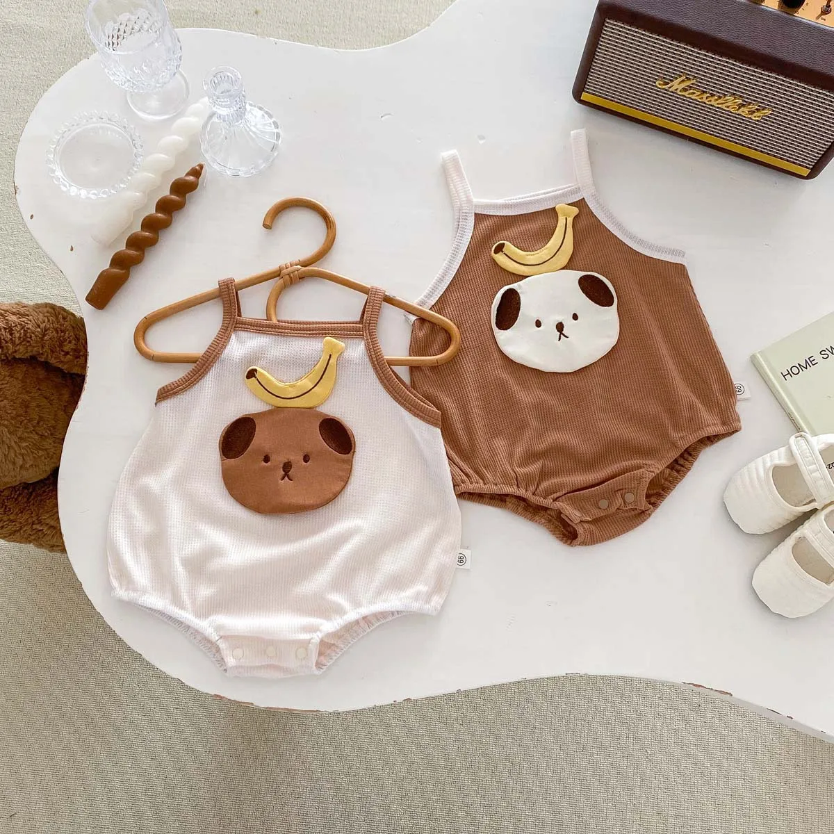 

2024 Summer sweet cute baby animal bear casual clothes Summer boys and girls back heart triangle crawling clothes