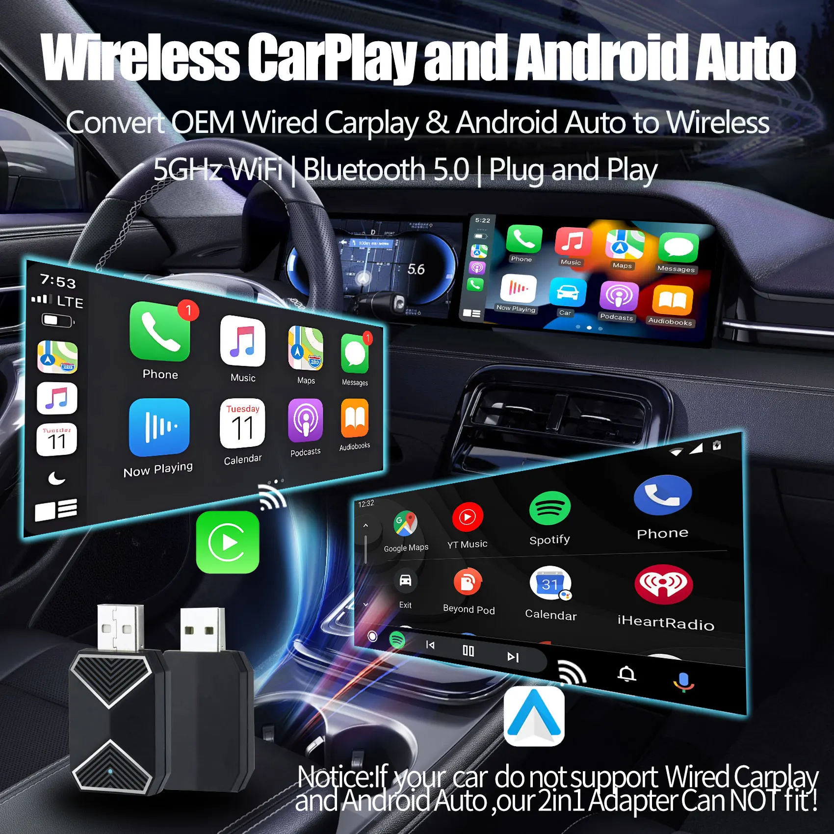 

2in1 AI Box Wired To Wireless CarPlay & Wireless Android Auto Adapter for Benz Audi Kia Hyundai VW Toyota Waze 5GHz WiFi BT5.0
