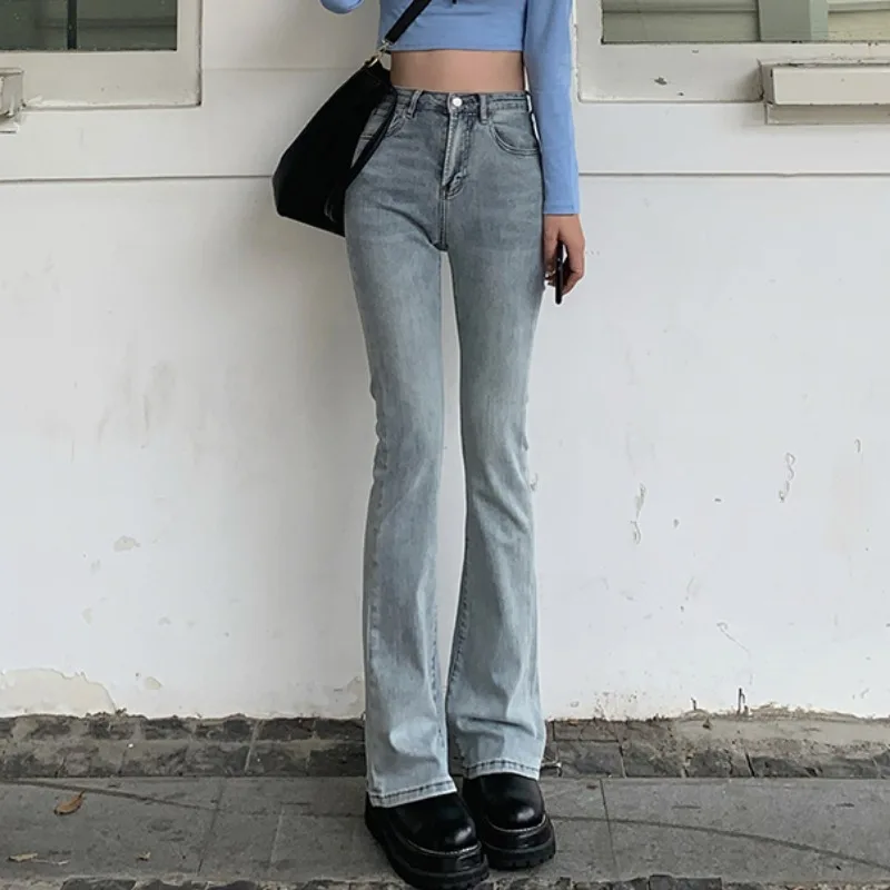 2023 New Fall Summer Flared Jeans Women\'s Blue Straight Slim Body High Waist Vintage Pants Female Korean New Solid Color Trouser