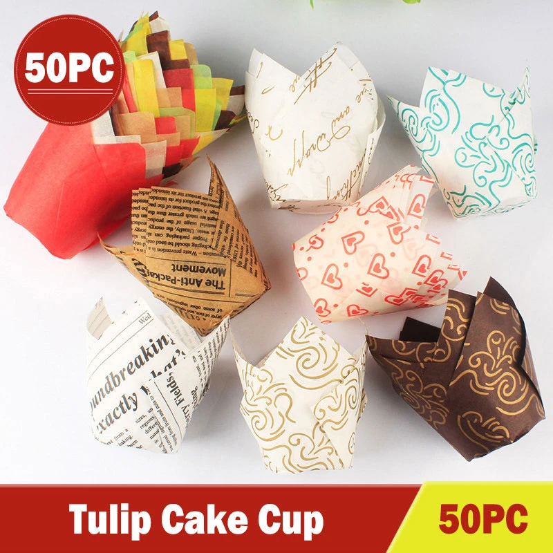 50Pcs Cupcake Paper Cups Tulip Muffins Paper Moulds Cup Case Cupcake Liner Baking Tools Cake Wrapper For Wedding Party Accessory