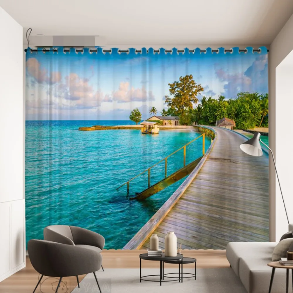 3DMaldivian Sea View Curtain Extended Space Beach Sea View Curtain Aegean Sea Curtain Custom 2 panel Living Room Kitchen Bedroom