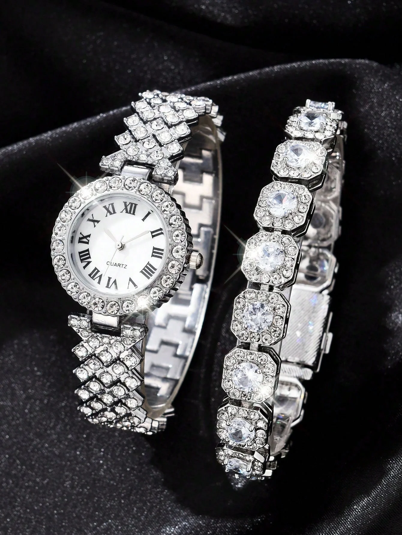 2-piece luxury fashion bracelet watch set with diamonds for women, quartz wrist watch set