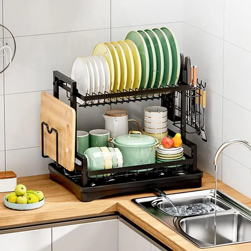 2 Tier Dish Draining Rack Cutlery Rack With Drain Tray And Drip Line Cup Holder Cutlery Holder Kitchen Countertop Storage Rack