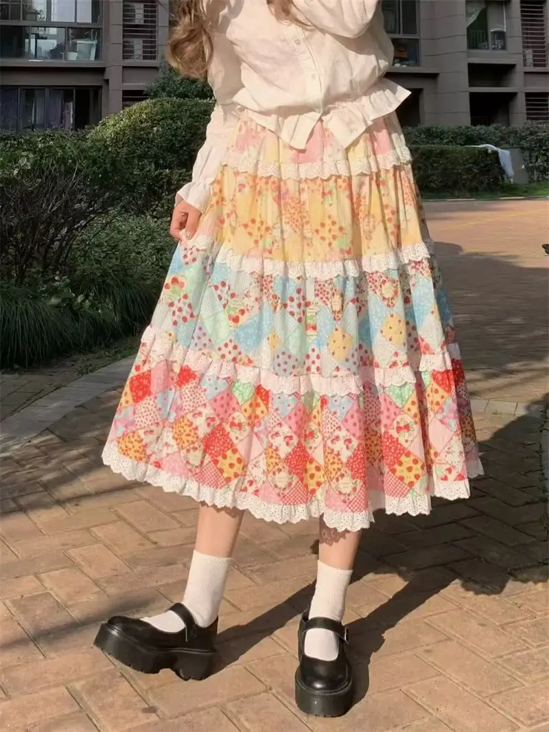 

Rural Style Fruit Print Cute Irregular Long Skirt Kawaii Lolita Lace Ruffles Y2k Skirt Casual All Match Fashion Tulle Skirt