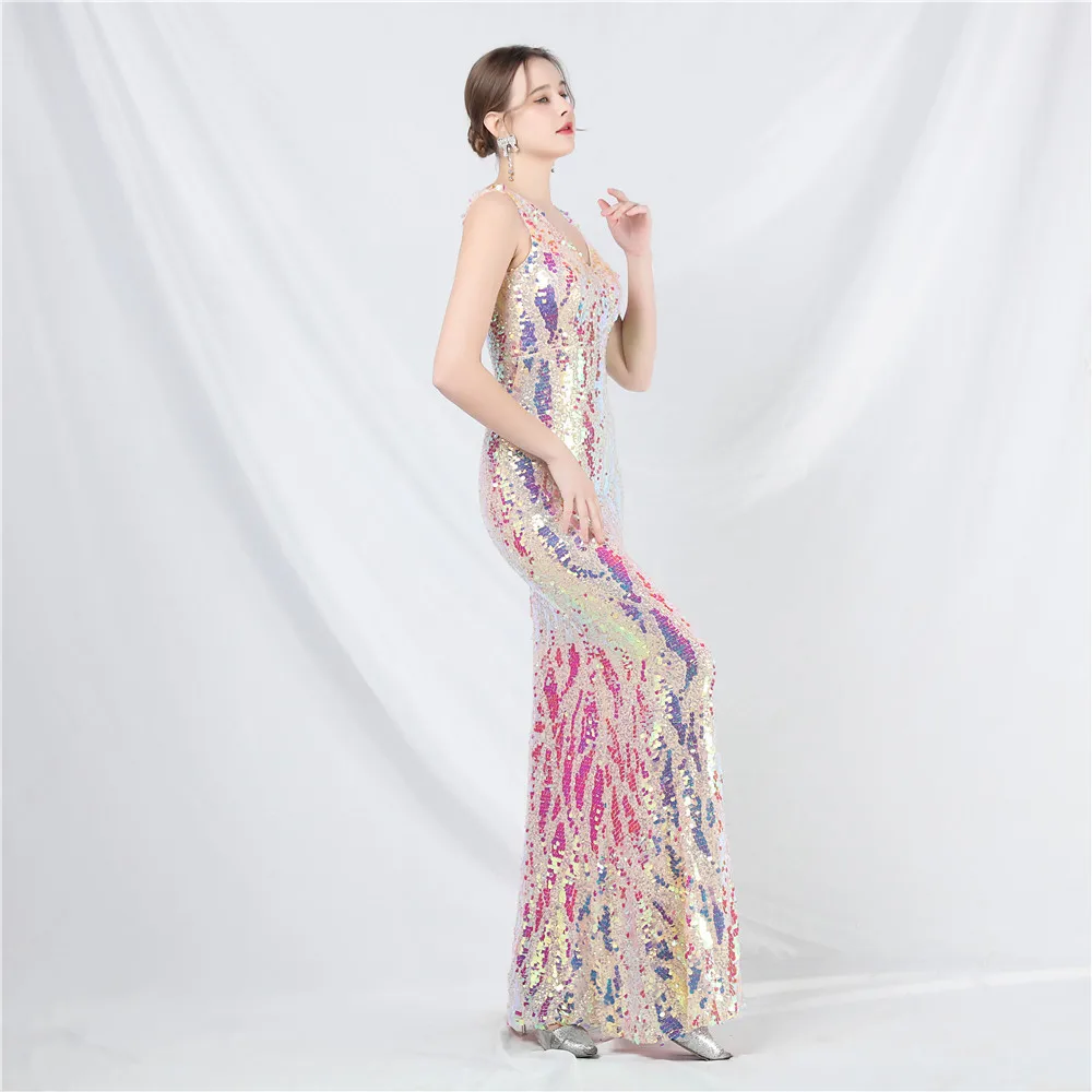 

Women Spaghetti Strap Deep V-Neck Sequin Mermaid Evening Dress Abstract Snakeskin Pattern Sleeveless Slim Elegant Formal Gown
