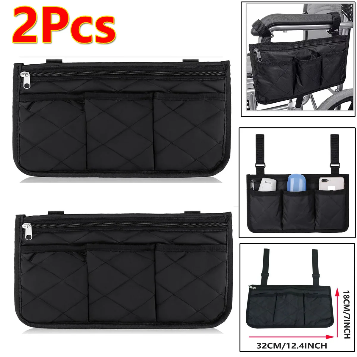 

2Pc Wheelchair Side Bag on Wheels Beach Chair Side With Reflective Strip Arm Rest Pouch For Walking Mobile Equipment Accessories