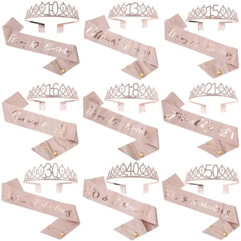 18 21 30 40 50 Birthday Party Decoration Rose gold Glitter sash Crystal Crown for Women girl Birthday Anniversary Party Supplies