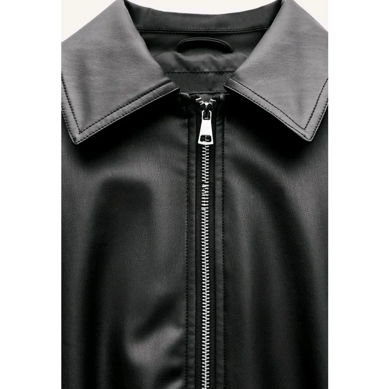 جاكيت نسائي جديد للربيع من الجلد الصناعي الفضفاض بأكمام طويلة وإغلاق بسحاب بأسلوب عملي ومقاس منتظم