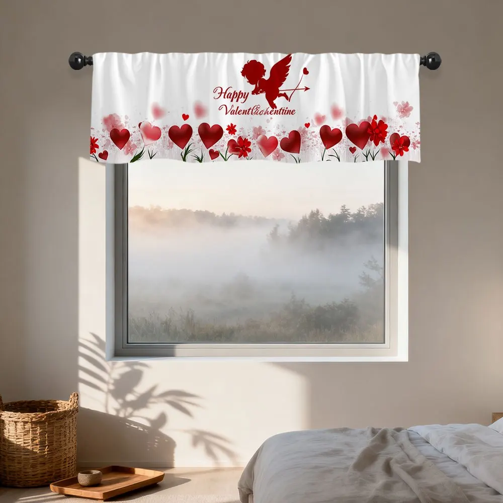2D Flat, 1pc Valentine Cupid Heart Flowers Valance Curtain 2D Flat Printing Rod Pocket Design, Easy to Install