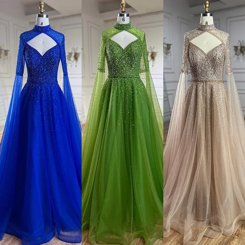 Arabic Blue Cape Sleeves A Line Beaded Luxury Dubai Evening Dresses Wedding Party Gowns For Women 2024