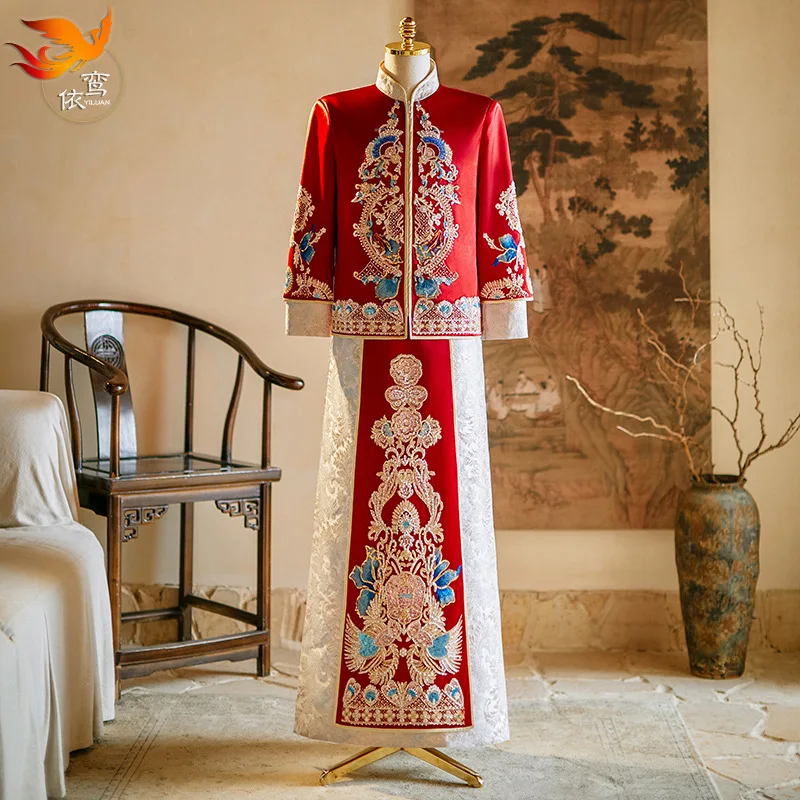 

Восточный жених, красный Attires, мужское традиционное китайское свадебное платье, мужская куртка с вышивкой дракона и Феникса, топы + юбка