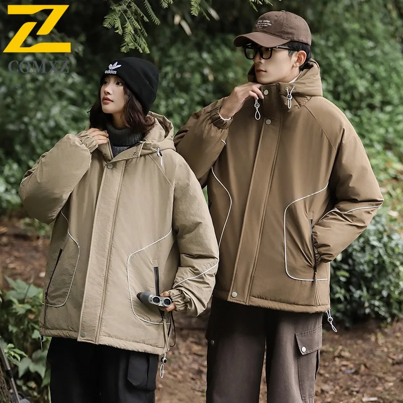 COMXZ Men Duck Down Mountain Hooded Waterproof Long Jacket American Style Workwear Winter Cotton-padded Outdoor Lightweight Coat