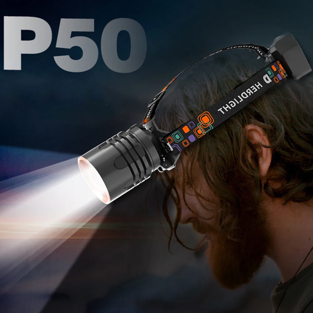 Powerful P50 LED Flashlight USB Input/Output High Power Headlight Rechargeable Telescopic Zoom Head Lamp Head Flashlight