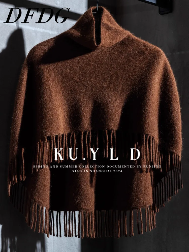 DFDG Women’s Designer Premium Cashmere Knit Cape Coat Elegant Brushed Fluffy Shawl Wrap Warm Winter Fall Fashion Poncho Coat