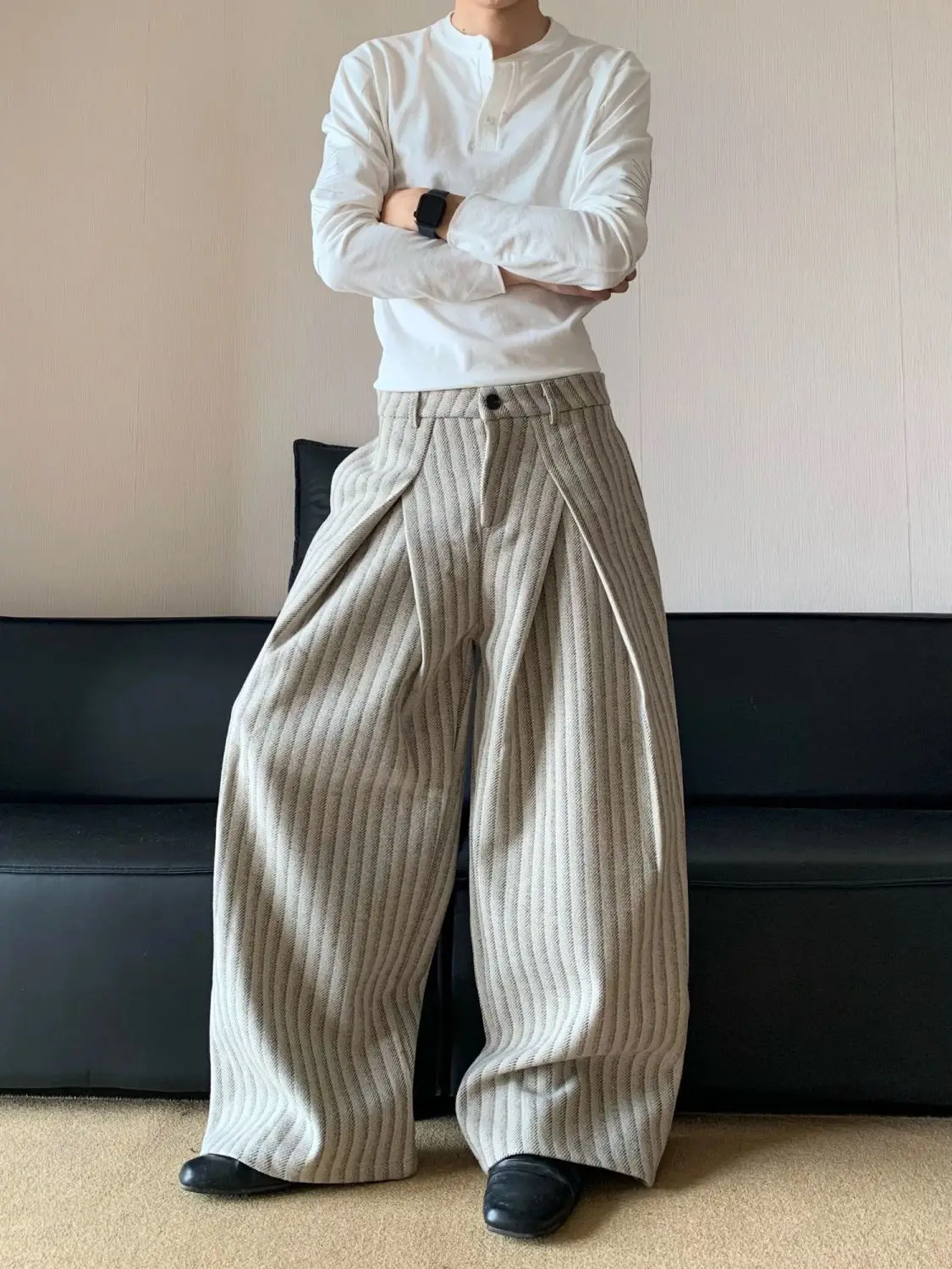 

Мужские шерстяные брюки класса люкс для осени и зимы, широкие, в полоску, повседневные, со складками, в пол