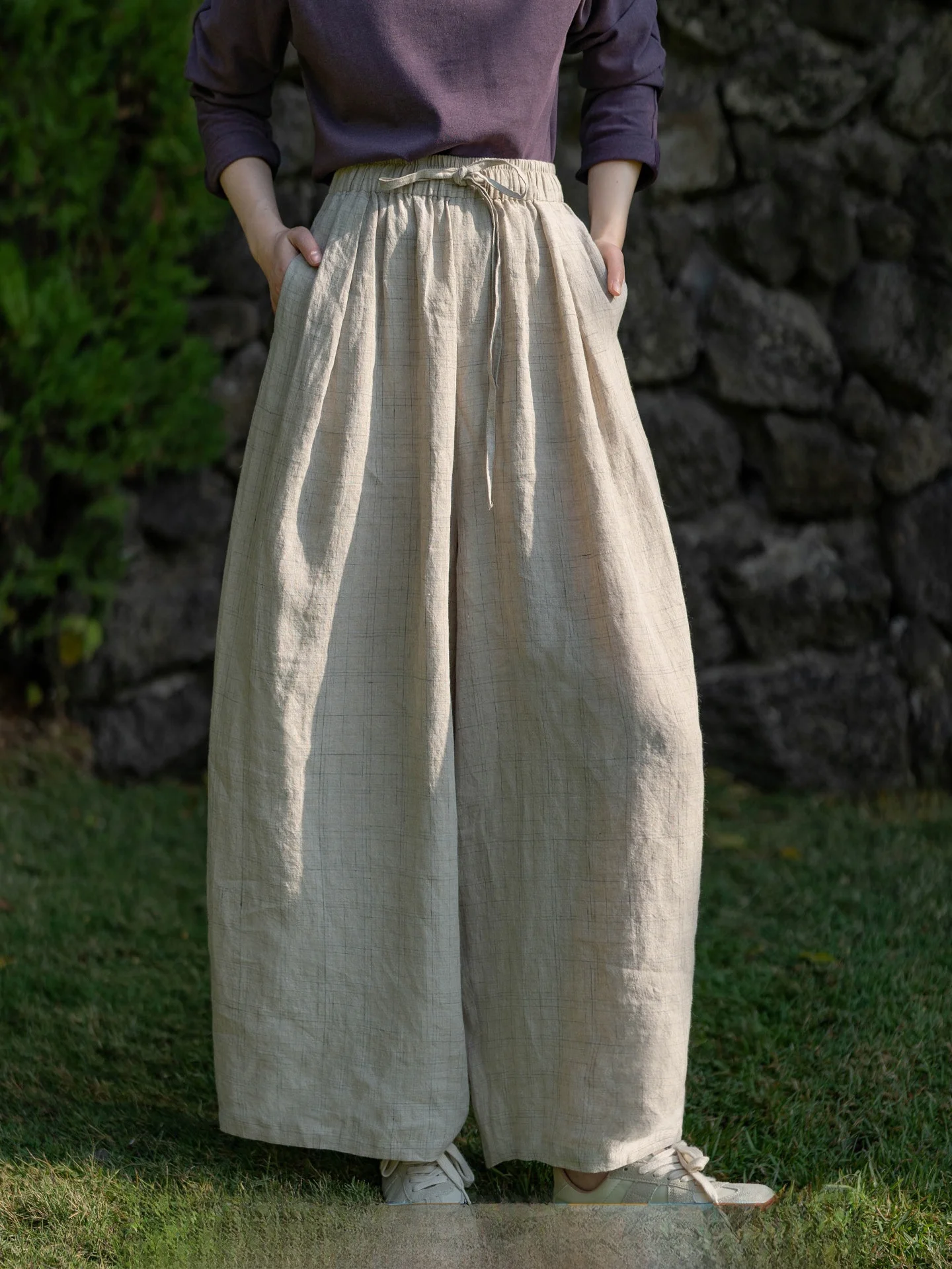 

Slimming Wide Leg Pants Color Woven Linen Floral Taffeta Loose Fit Comfortable Casual Trousers for Women Original Design