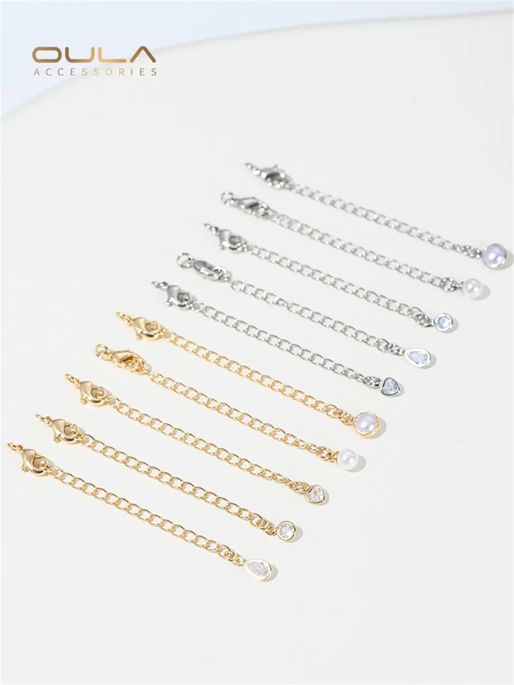 

1pcs 14K Gold-plated, Heart-shaped Teardrop Zircon Pearl Clasp Tail Chain Diy Handmade Jewelry Extension Chain Accessory