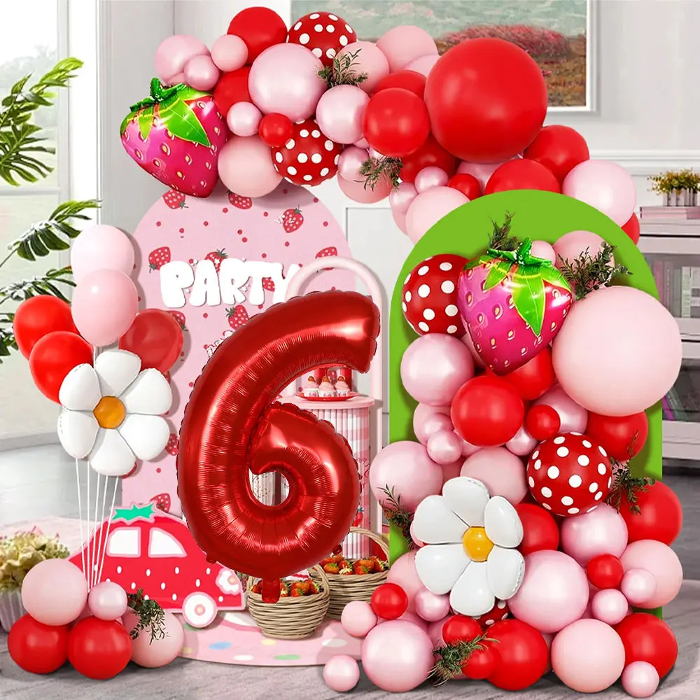 104pcs Pink Strawberry Balloon Arched Set with Strawberry and Daisy Foil Balloons, Pink Red Balloons for Birthday Party