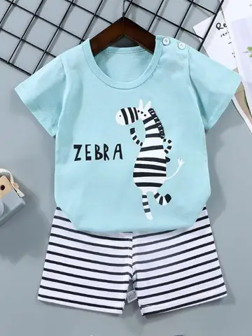 Kid Boy Summer Short Sleeves Tees+Stripe Shorts 2-piece Clothes Set Cartoon Zebra Print Soft Cotton Sports Casual Suit 1-6 Years