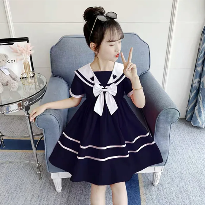 2024 Summer New retro Girls Cotton Crew Sailor Collar Teen Casual striped JK Dress A-LINE Baby Clothes Toddler 12 15 6 8 10 year