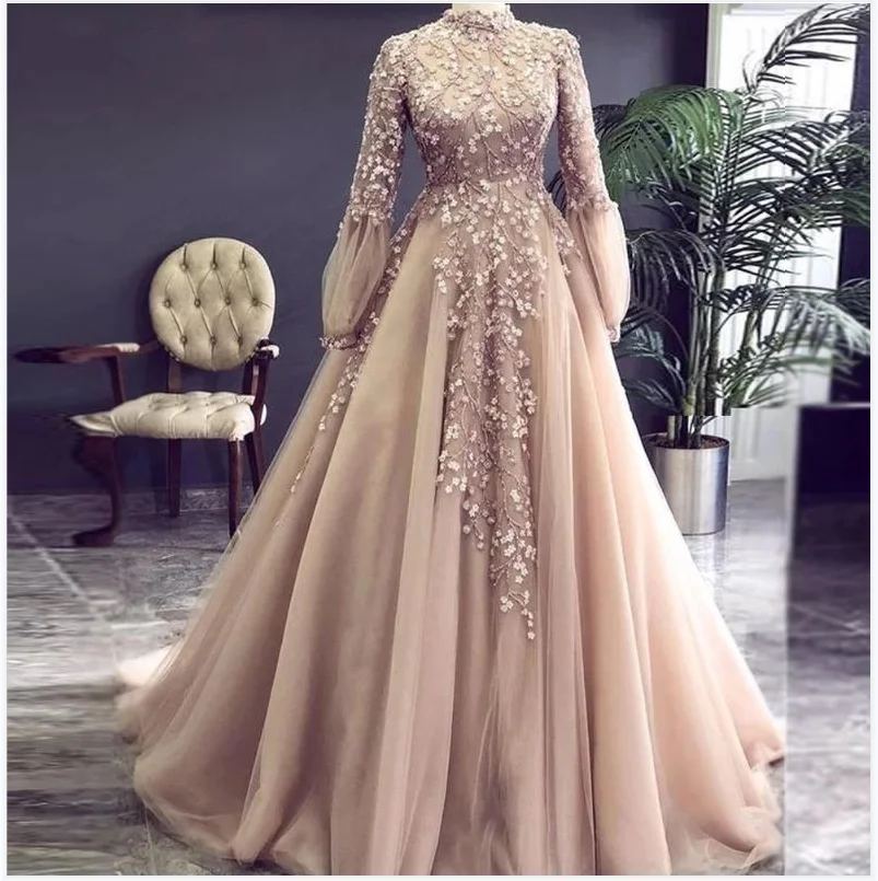 Happy Custom Elegant khaki Long Sleeve Embroidery High Neck A-LINE Elegant Party Dresses for Women 2023